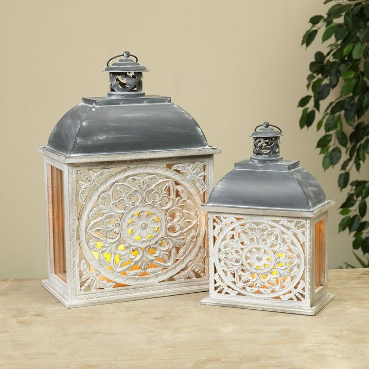 Gerson Set of 2 Metal and Wood Nesting Lanterns with Floral Cut-out - SJB-DIAMOND ELITES