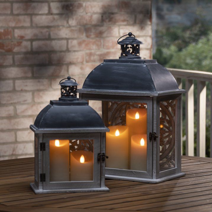 Gerson Set of 2 Metal and Wood Nesting Lanterns with Floral Cut-out - SJB-DIAMOND ELITES