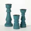 Sullivans Turquoise Wood Pillar Candle Holders Set of 3, 13.25"H, 10"H & 7.5"H Multicolored - SJB-DIAMOND ELITES