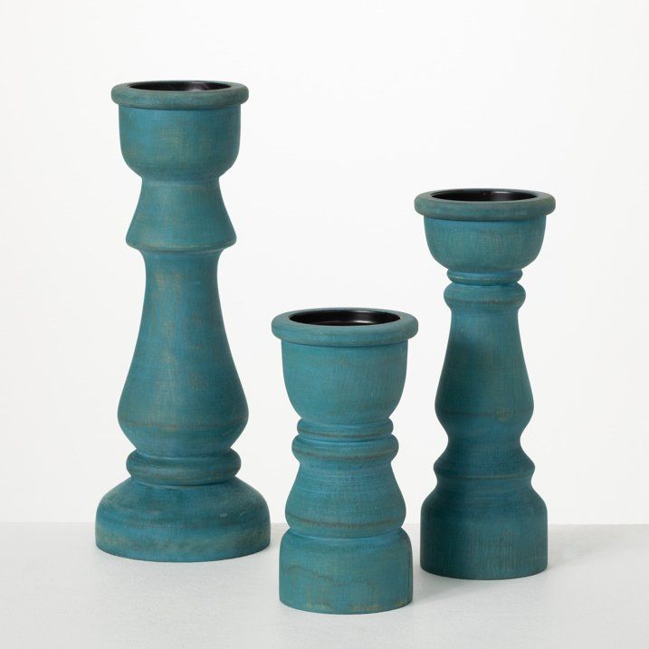 Sullivans Turquoise Wood Pillar Candle Holders Set of 3, 13.25"H, 10"H & 7.5"H Multicolored - SJB-DIAMOND ELITES