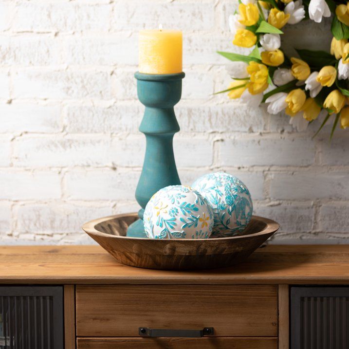 Sullivans Turquoise Wood Pillar Candle Holders Set of 3, 13.25"H, 10"H & 7.5"H Multicolored - SJB-DIAMOND ELITES