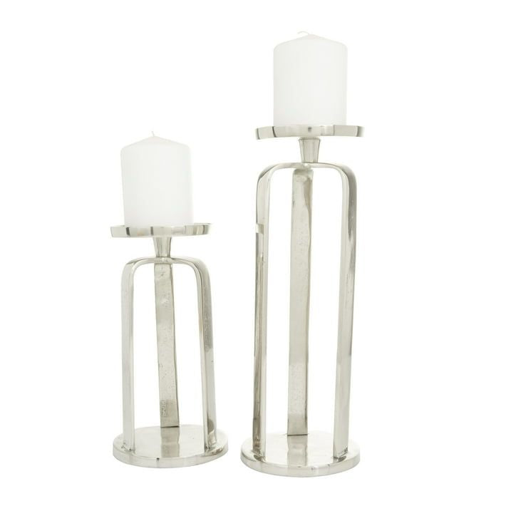 CosmoLiving by Cosmopolitan 2 Candle Silver Aluminum Geometric Pillar Candle Holder, Set of 2 - SJB-DIAMOND ELITES