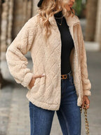Women's Fuzzy Zip-Up Jacket with Pockets – Soft & Cozy Long Sleeve Outerwear