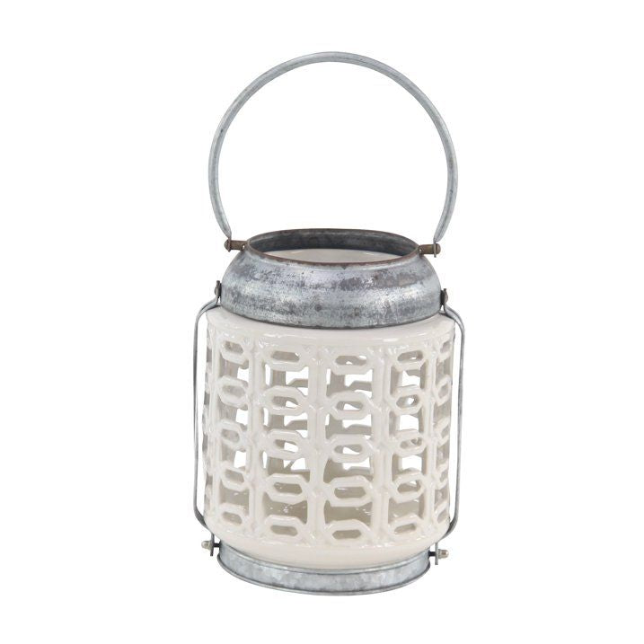 DecMode 8"W, 10"H Coastal Stoneware Lantern, White, 1 - Piece - SJB-DIAMOND ELITES