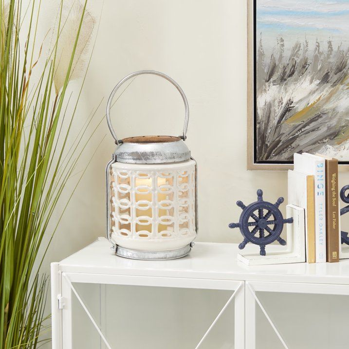 DecMode 8"W, 10"H Coastal Stoneware Lantern, White, 1 - Piece - SJB-DIAMOND ELITES