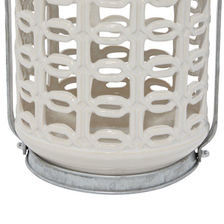 DecMode 8"W, 10"H Coastal Stoneware Lantern, White, 1 - Piece - SJB-DIAMOND ELITES