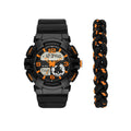 George Men's Analog-Digital Watch Set: Black Round Case, Positive Display, Plastic Band, Black/Orange Double Woven Bracelet (FMDXGE037)