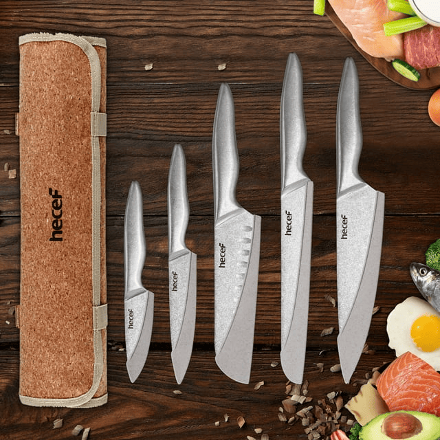 Hecef 11-Piece Kitchen Knife Set, Stonewashed Steel Ultra Sharp Japanese Chef knives with Roll Bag and Sheaths - SJB-DIAMOND ELITES