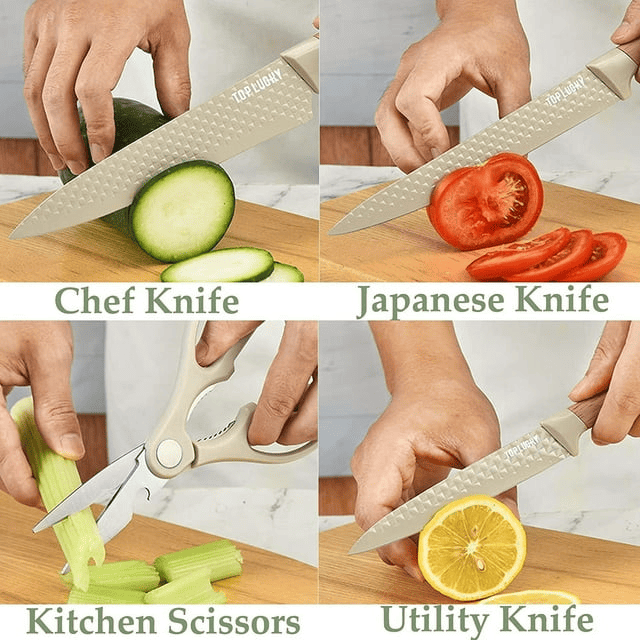 Kitchen Knife Set, 6-Pieces Khaki Sharp Knife Set for Kitchen, Non-stick Non-slip Stainless Steel Chef Knife Set with Universal Knife Block Suitable for Home Restaurant - SJB-DIAMOND ELITES