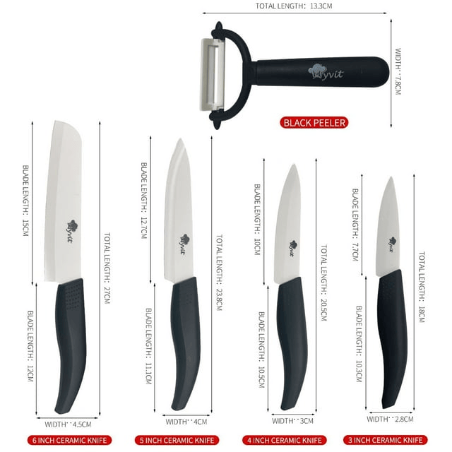 Rirool 5 Pcs Ceramic Knife Set, Professional Home Kitchen Knife with Covers, 6" Chef Knife, 5" Utility Knife, 4" Fruit Knife, 3" Paring Knife and a Peeler - SJB-DIAMOND ELITES