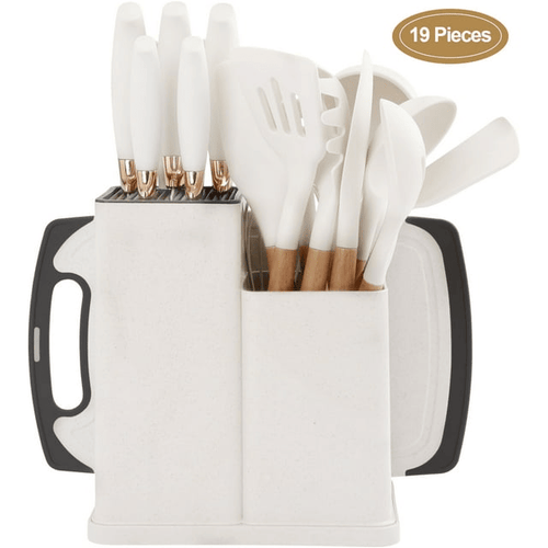 19 Pcs Knife Sets for Kitchen with Block, with 9 Piece Silicone Cooking Utensils Set 5 Piece Sharp Stainless Steel Chef Knives Scissors Whisk Tongs and Cutting Board (19 in 1) (Beige) - SJB-DIAMOND ELITES