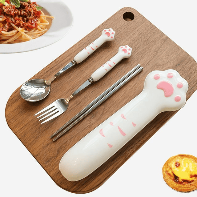 Travel Utensils, 4 Pcs Portable Flatware Set - Cutlery Set w/ Stainless Steel Fork Spoon Chopsticks & Case for School, Office, Picnic (Cat Paws) EasyOptionXY LLC