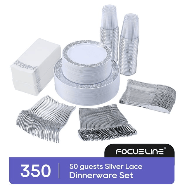 350 Piece Silver Dinnerware Set 50 Guest-100 Silver Lace Plastic Plates-50 Silver Plastic Silverware-50 Silver Plastic Cups-50 Linen Feel Silver Paper Napkins,FOCUSLINE Disposable Dinnerware Set - SJB-DIAMOND ELITES