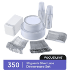 350 Piece Silver Dinnerware Set 50 Guest-100 Silver Lace Plastic Plates-50 Silver Plastic Silverware-50 Silver Plastic Cups-50 Linen Feel Silver Paper Napkins,FOCUSLINE Disposable Dinnerware Set - SJB-DIAMOND ELITES