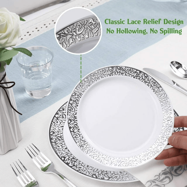 350 Piece Silver Dinnerware Set 50 Guest-100 Silver Lace Plastic Plates-50 Silver Plastic Silverware-50 Silver Plastic Cups-50 Linen Feel Silver Paper Napkins,FOCUSLINE Disposable Dinnerware Set - SJB-DIAMOND ELITES