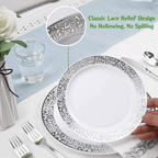 350 Piece Silver Dinnerware Set 50 Guest-100 Silver Lace Plastic Plates-50 Silver Plastic Silverware-50 Silver Plastic Cups-50 Linen Feel Silver Paper Napkins,FOCUSLINE Disposable Dinnerware Set - SJB-DIAMOND ELITES