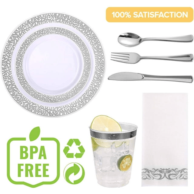 350 Piece Silver Dinnerware Set 50 Guest-100 Silver Lace Plastic Plates-50 Silver Plastic Silverware-50 Silver Plastic Cups-50 Linen Feel Silver Paper Napkins,FOCUSLINE Disposable Dinnerware Set - SJB-DIAMOND ELITES