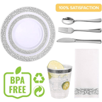 350 Piece Silver Dinnerware Set 50 Guest-100 Silver Lace Plastic Plates-50 Silver Plastic Silverware-50 Silver Plastic Cups-50 Linen Feel Silver Paper Napkins,FOCUSLINE Disposable Dinnerware Set - SJB-DIAMOND ELITES