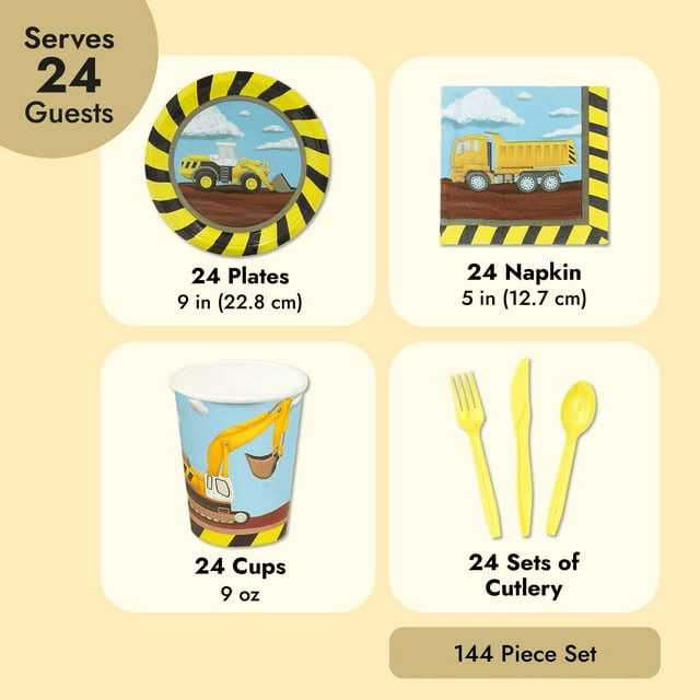 Serves 24 Under Construction Theme Party Supplies Decoration for Kids Birthday, Disposable Paper Plates, Napkins, Cups & Cutlery - SJB-DIAMOND ELITES