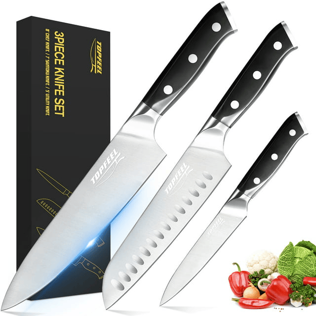 TOPFEEL Kitchen Knife Set, 3-piece Stainless Steel Chef Knife,Santoku Knife & Utility Knife with Gift Box for Home - SJB-DIAMOND ELITES