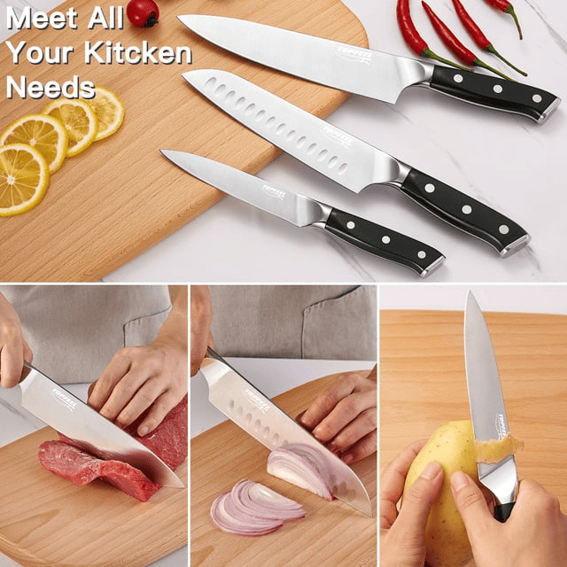 TOPFEEL Kitchen Knife Set, 3-piece Stainless Steel Chef Knife,Santoku Knife & Utility Knife with Gift Box for Home - SJB-DIAMOND ELITES