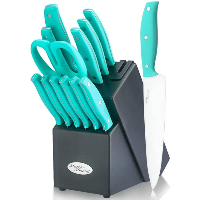 Knife Sets with Block,Marco Almond Kitchen Knives KYA24B,14 Pcs Kitchen Knife Block Set With Built-in Sharpener,Stainless Steel - SJB-DIAMOND ELITES