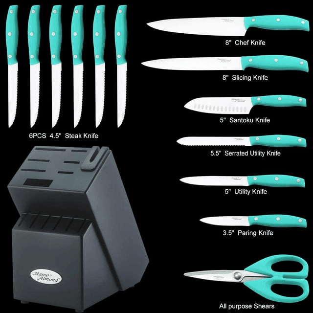 Knife Sets with Block,Marco Almond Kitchen Knives KYA24B,14 Pcs Kitchen Knife Block Set With Built-in Sharpener,Stainless Steel - SJB-DIAMOND ELITES