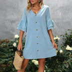 V-Neck Mini Dress – Ruffled Detail & Decorative Buttons