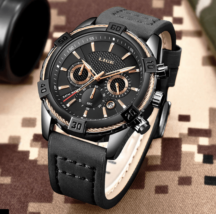 Men's Waterproof Watch With Chronometers Date Display Gold Detail Excellent Background Perfect Gift Stevvex