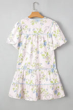 Pink Floral Striped Print Contrast Trim Tie Split Neck Mini Dress