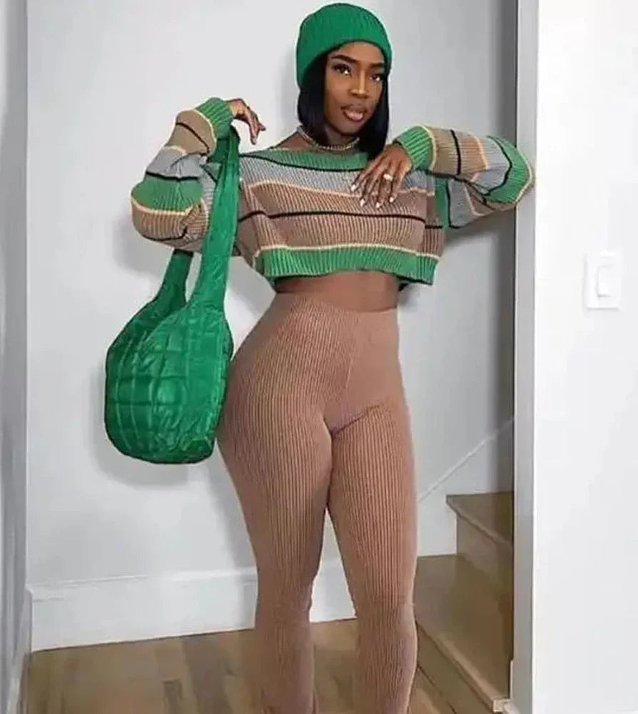 Women 2 Piece Set Long Sleeve Striped Sweater and Sweat Pants Suits 2024 Winter Fitness Active Two Piece Lounge Sets Tracksuit Purplish Diva