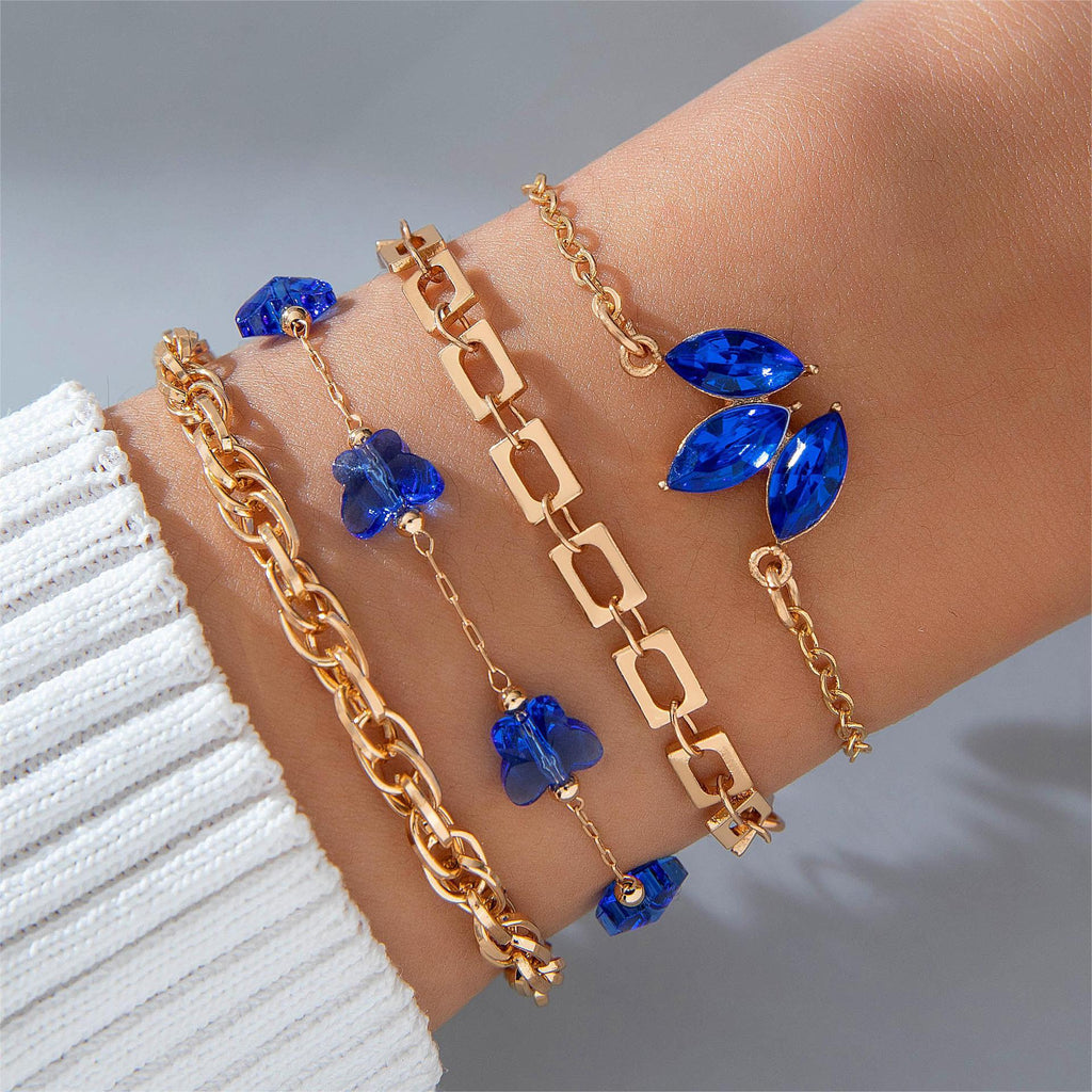 4pcs Blue Flower Love Butterfly Bracelet Set With Rhinestones Design Valentines Day Pi-Mart