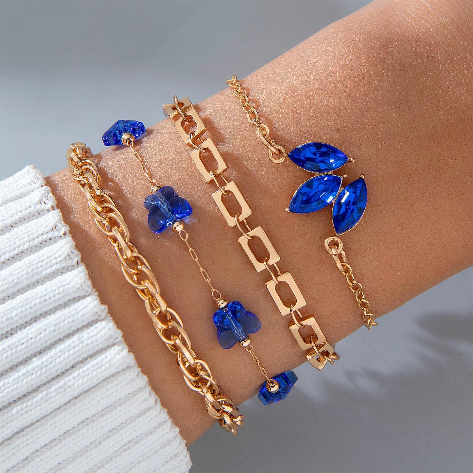 4pcs Blue Flower Love Butterfly Bracelet Set With Rhinestones Design Valentines Day Pi-Mart