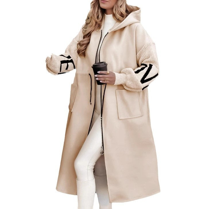 Hooded Windbreaker Long Jacket With Pockets And Drawstring Design Solid Color Knit-Sleeved Trench Coat For Women Clothing Fall Winter Pi-Mart