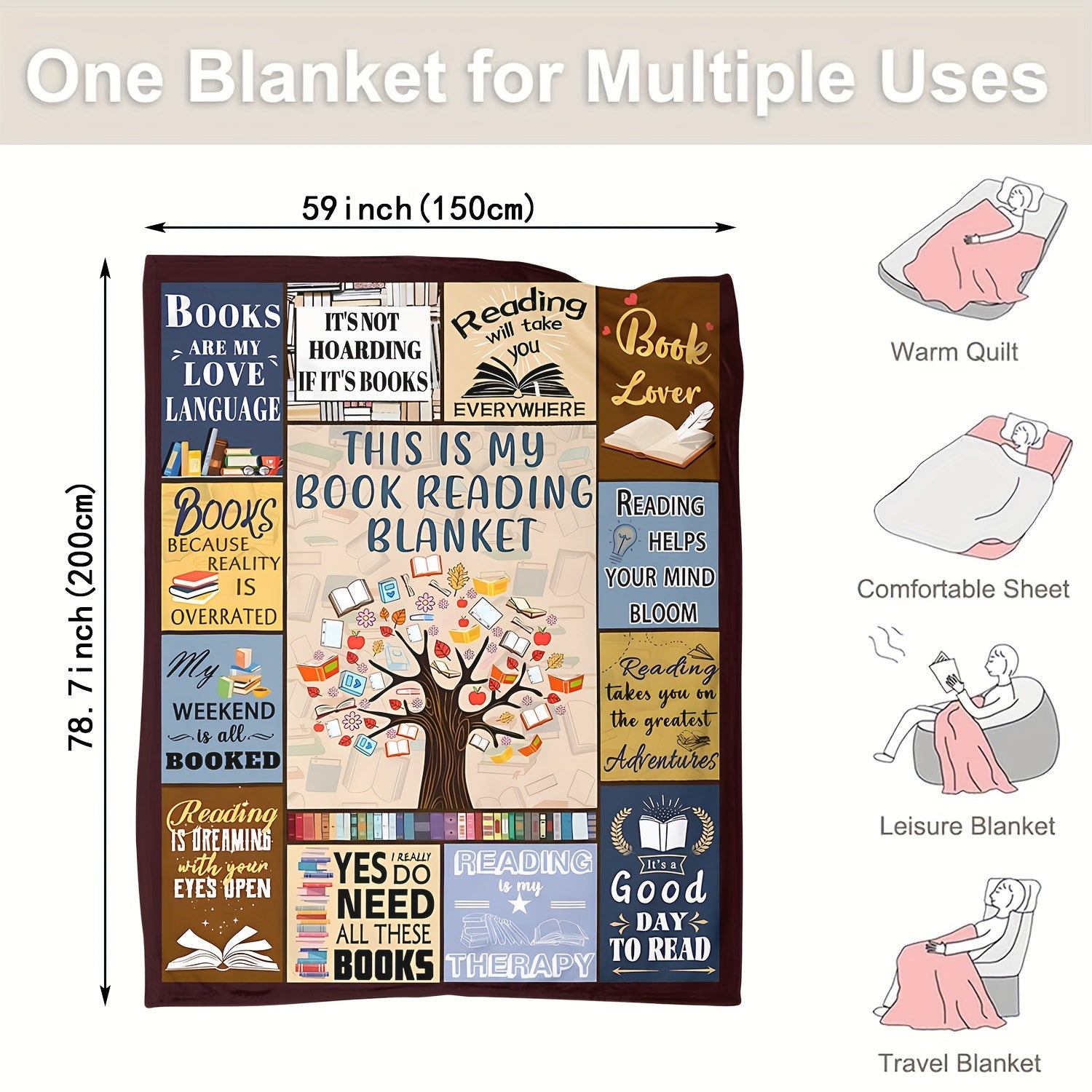 1pc Book Printed Blanket Bookworm, Book Manager, Gift Blanket For Reading Lovers, Home Casual Throw Blanket, Soft Warm Couch Blanket, Bed, Office Lunch Break Blanket, Multi-purpose Blanket For Camping Travel Lootquake LLC