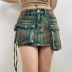 Make-old Three-dimensional Multi-pocket High Waist Denim Skirt. New Asymmetrical Casual A-line Mini Skirt for Women in Summer Purplish Diva