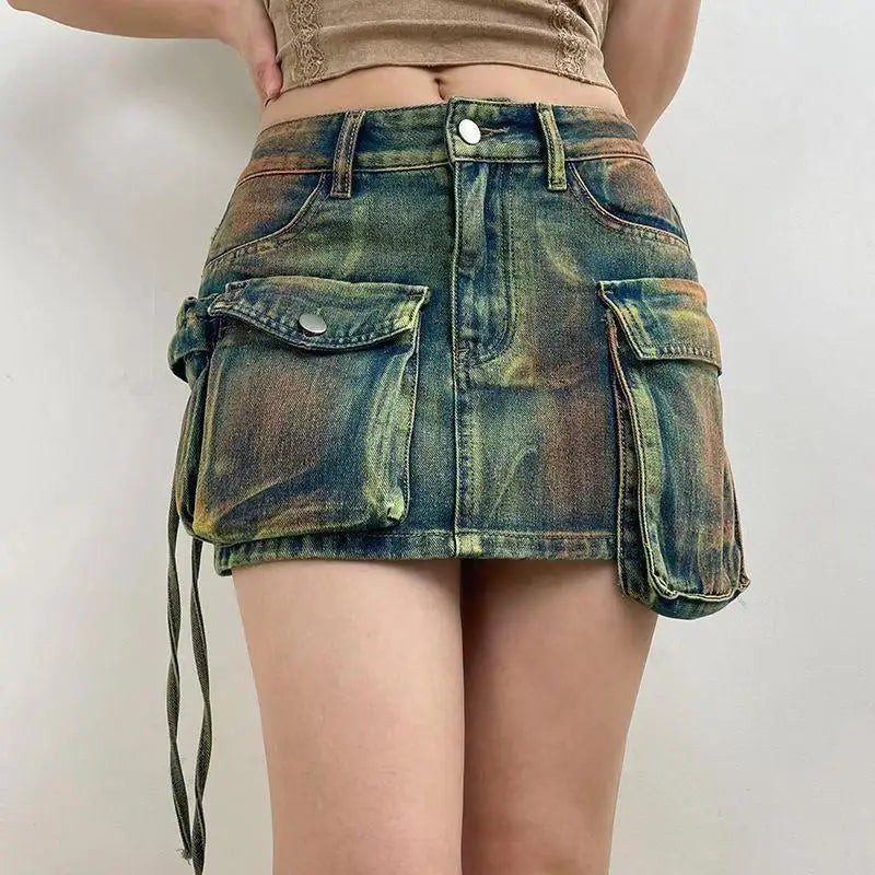 Make-old Three-dimensional Multi-pocket High Waist Denim Skirt. New Asymmetrical Casual A-line Mini Skirt for Women in Summer Purplish Diva