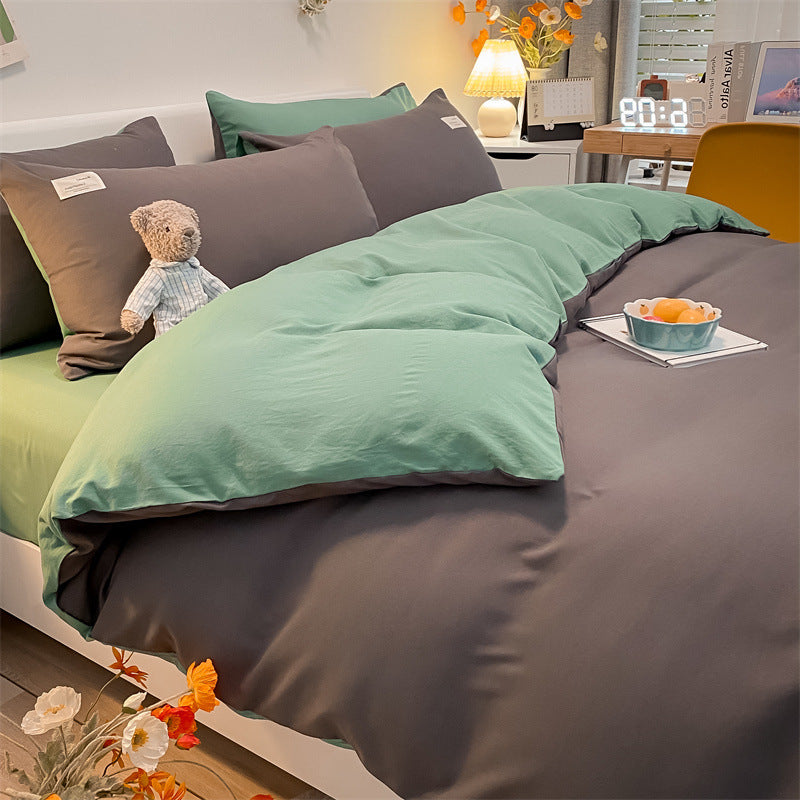 Pure Color Washed Cotton Four-piece Set Of Plaid Striped Sheets Quilt Cover Bedding Pi-Mart