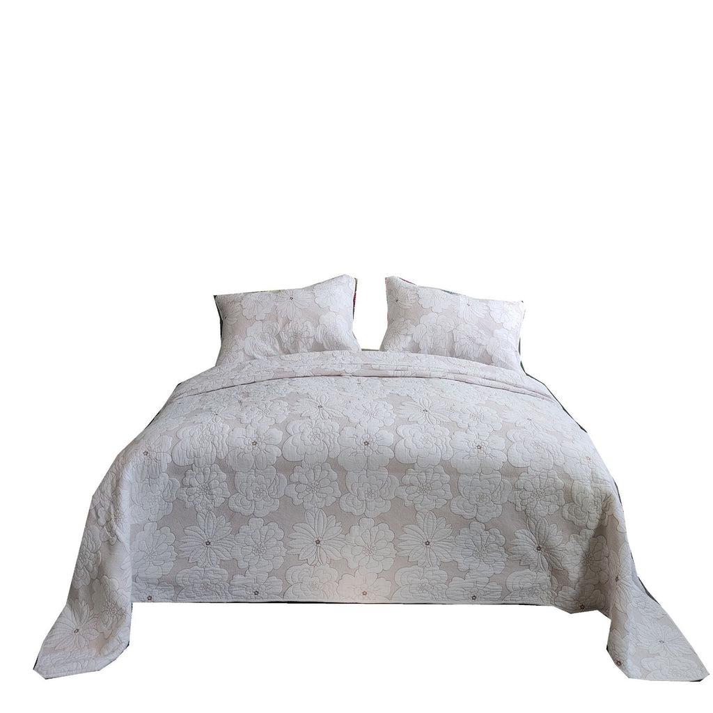 Cotton Thickened Pure White Beige Camellia Embroidery Three-piece Bed Cover Set Pi-Mart