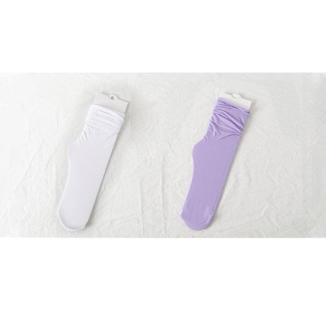 1/2 Pairs Girls Thin Socks Pack Harajuku Cute Long Frilly Socks Casual Soft Nylon High Elastic Solid White Purple Solid Color Stylish Casual Socks For Men And Women Stevvex