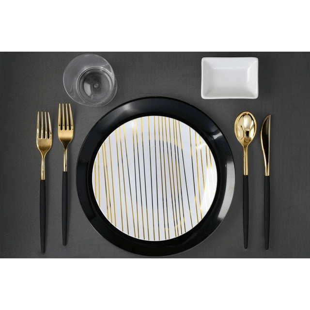 Crown Display 120 Pack Two Toned Heavy Duty Plastic Silverware Spoons - Black and Gold - SJB-DIAMOND ELITES