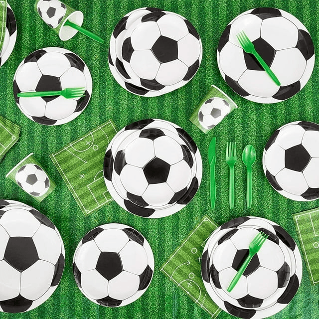 171-Piece Soccer Party Decorations, Serves 24 Sports-Themed Birthday Party Supplies with Plates, Napkins, Cups, and Green Cutlery Set, Tablecloth, and Banner Included - SJB-DIAMOND ELITES
