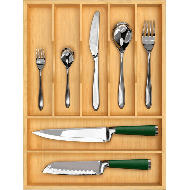 Bamboo Kitchen Drawer Organizer Tray for Flatware - Best Cutlery Tray for Silverware and Kitchen Utensils (7 Slots, Natural) - SJB-DIAMOND ELITES