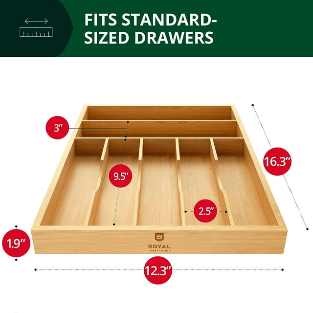 Bamboo Kitchen Drawer Organizer Tray for Flatware - Best Cutlery Tray for Silverware and Kitchen Utensils (7 Slots, Natural) - SJB-DIAMOND ELITES