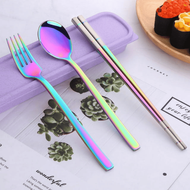 Stainless Steel Cutlery Set - Spoon Fork & Chopsticks with Wheat Box - Travel Set - SJB-DIAMOND ELITES