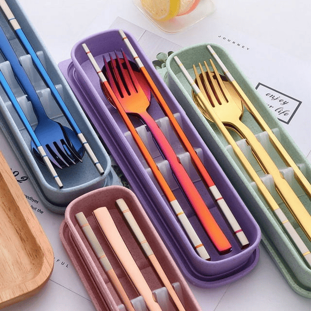 Stainless Steel Cutlery Set - Spoon Fork & Chopsticks with Wheat Box - Travel Set - SJB-DIAMOND ELITES