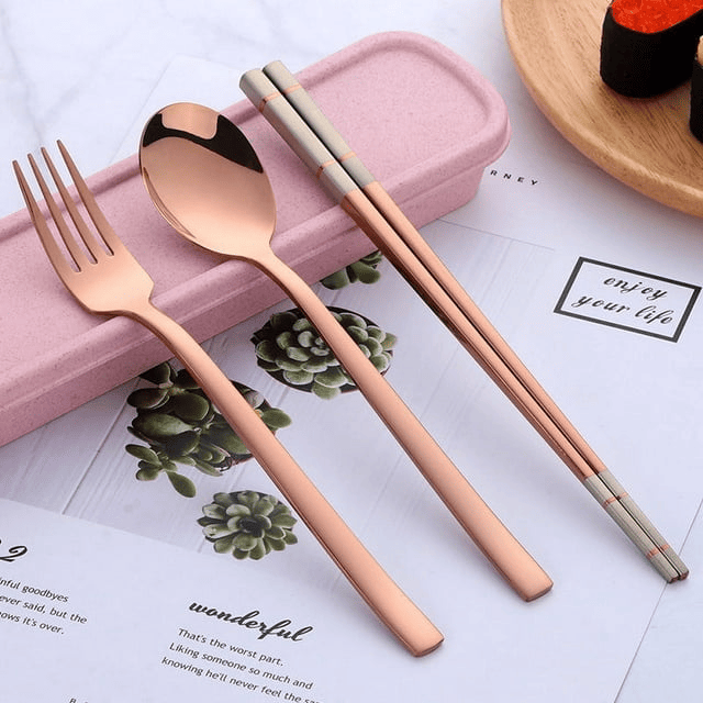 Stainless Steel Cutlery Set - Spoon Fork & Chopsticks with Wheat Box - Travel Set - SJB-DIAMOND ELITES