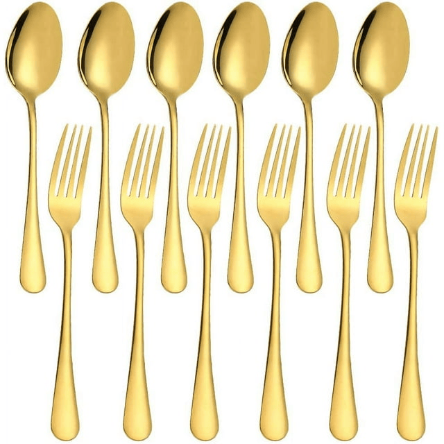 Set of 12, Gold Plated Stainless Steel Dinner Forks and Spoons, findTop Heavy-duty Forks ( 8 Inch ) and Spoons ( 7 Inch ) Cutlery Set- Gold - SJB-DIAMOND ELITES