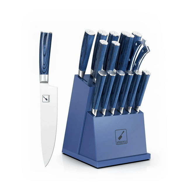 imarku | Knife Set 16-Piece Kitchen Knife Set with Block German Stainless Steel Knife Sets for Kitchen with Sharpener & 6 Steak Knife Set - Blue - SJB-DIAMOND ELITES