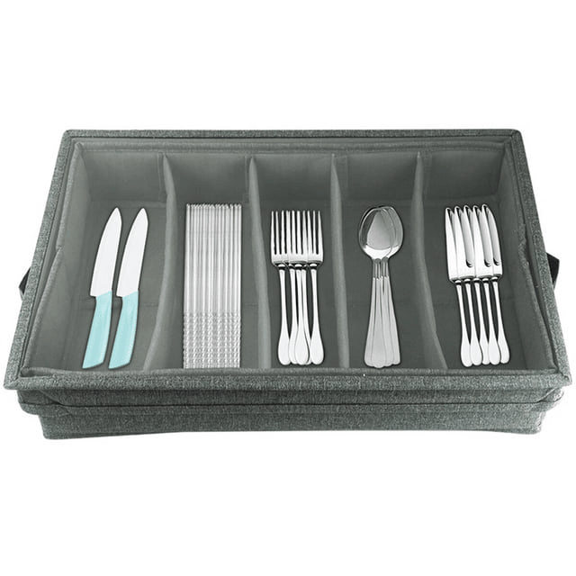 Flatware Storage Case with PVC Lid 5 Compartment Foldable Utensil Storage Box Silverware Storage Box Chest Cutlery Storage Holder with Handle for Home Kitchen Utensils - SJB-DIAMOND ELITES